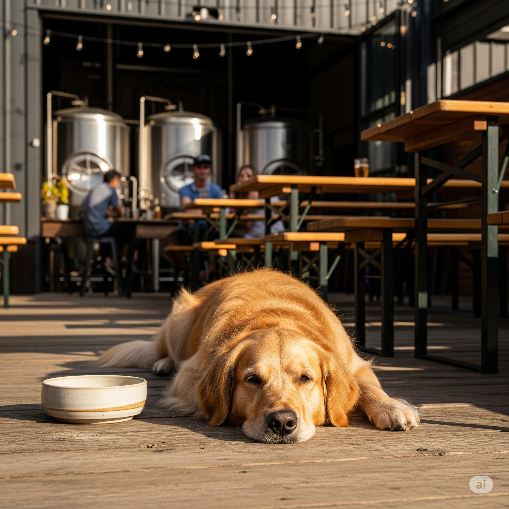 A dog relaxing on a brewery patio