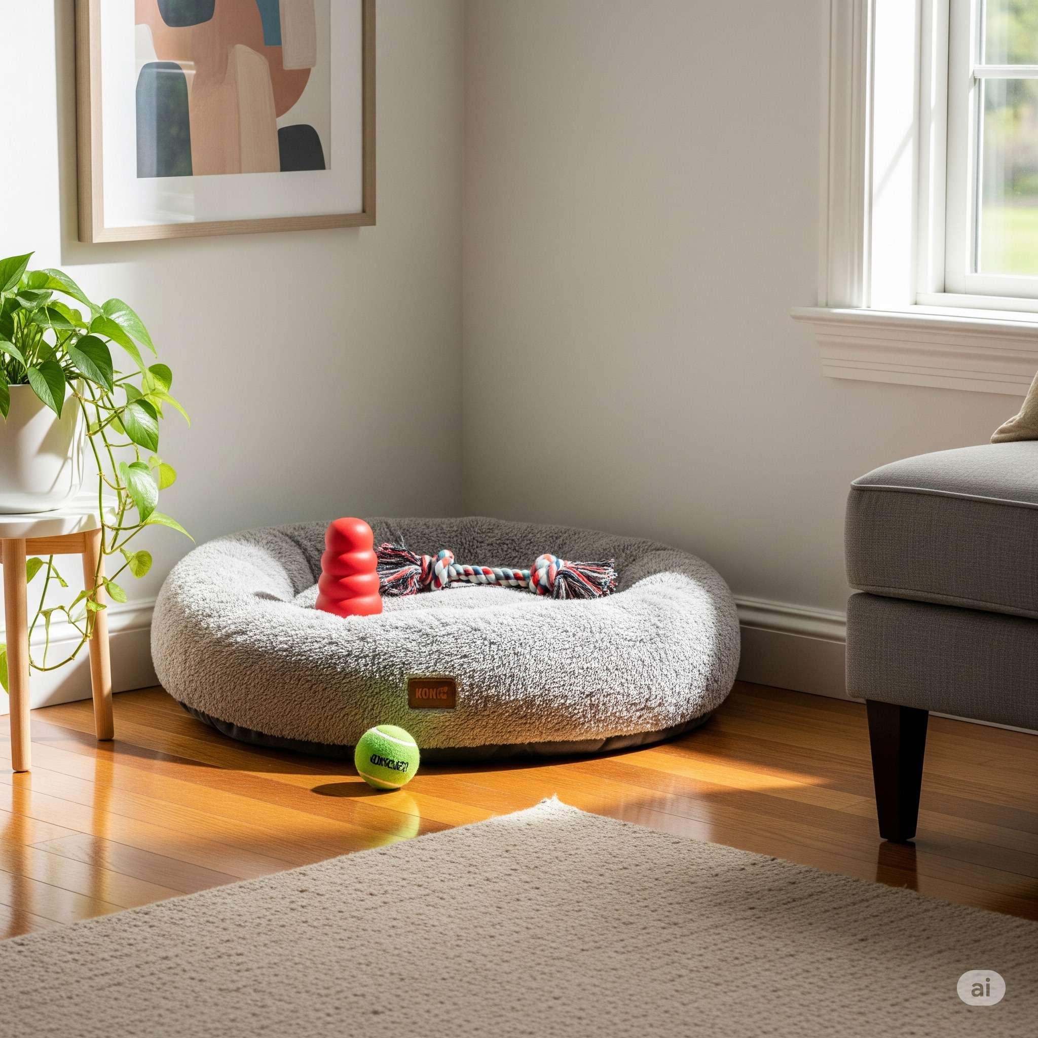 A cozy dog bed in a quiet corner with a few favorite toys